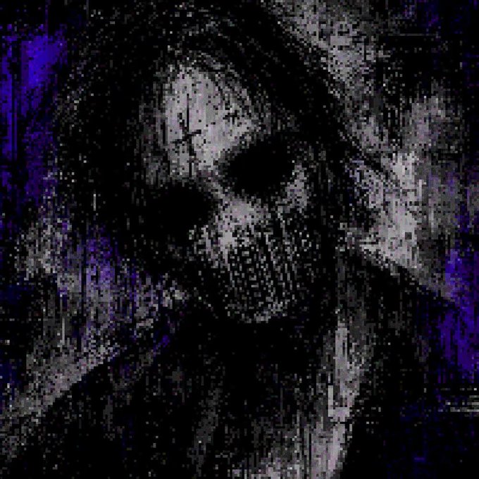 A dark, pixelated, and grainy digital art piece depicting a shadowy, ghostly skull-like face in shades of black, gray, and purple.