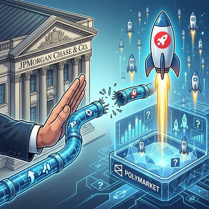 An illustration depicting JPMorgan Chase & Co. with a hand stopping a broken pipeline of icons, while a rocket with a Rocket symbol launches from a platform labeled 'POLYMARKET' surrounded by smaller rockets and question marks.