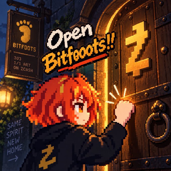 A pixel art style illustration shows a red-haired character excitedly knocking on a large wooden door, with text above reading 'Open Bitfoots!!' and a sign on the left displaying 'BITFOOTS' and '303 1/1 ART ON ZCASH'.