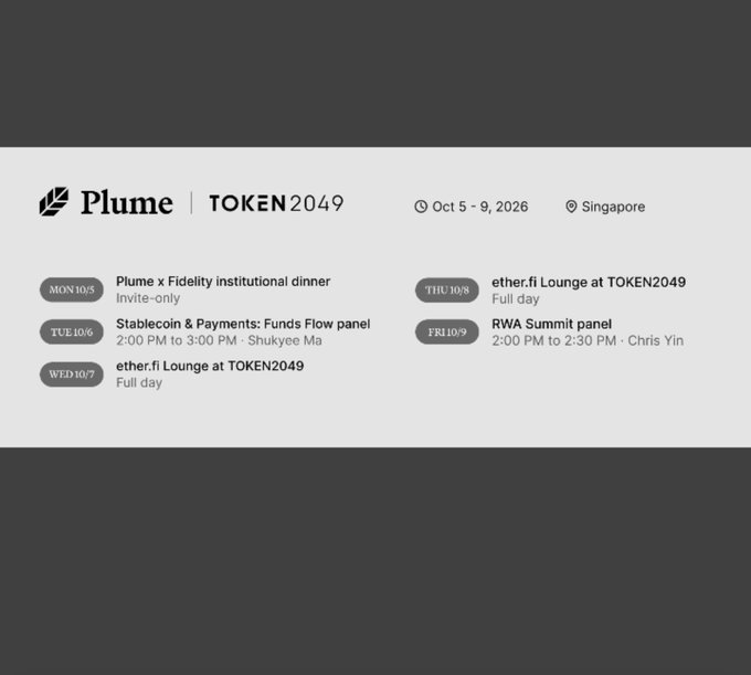 A schedule graphic for Plume at TOKEN2049 in Singapore from Oct 5-9, 2026, listing events including the Plume X Fidelity institutional dinner, Stablecoin & Payments panel, ether.fi Lounge, and RWA Summit panel.