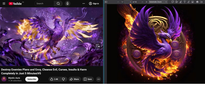 The image shows two different versions of an artwork, with one being a purple dragon and the other featuring a purple phoenix. The artworks are displayed side by side, allowing viewers to compare their features and appreciate the differences between them. The caption below the images provides information about the content on the post, which is related to the YouTube live stream.