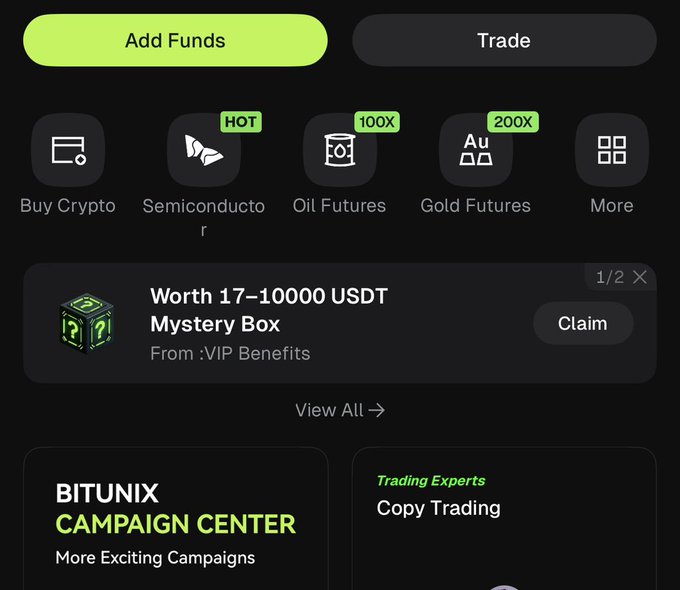 Bitunix app interface showing the main dashboard with "Add Funds" and "Trade" buttons, featuring options for Buy Crypto, Semiconductor (marked "HOT"), Oil Futures (100X), Gold Futures (200X), a Mystery Box promotion worth 17-10000 USDT, and a Campaign Center, highlighting the semiconductor trading feature mentioned in the post.