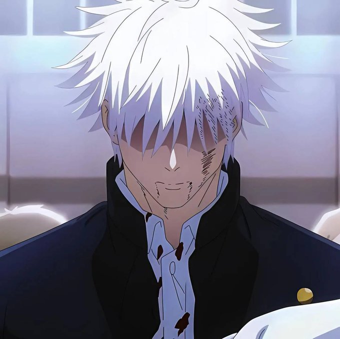 An anime character with spiky white hair covering his eyes, wearing a dark school uniform with a blood-stained white shirt.