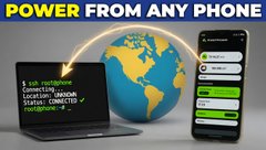 The image shows a laptop connected to another phone, with the screen of the laptop displaying some Linux commands that are being executed on the other phone's screen. The text above the image reads "Power from any phone", indicating that the power can be derived from any cell phone.