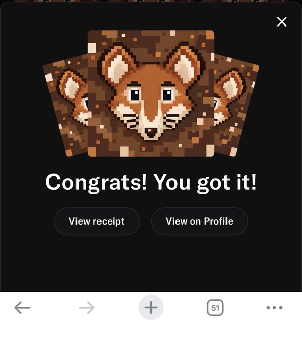 A pixel art digital collectible featuring three overlapping fox faces with the text "Congrats! You got it!" along with options to "View receipt" and "View on Profile".
