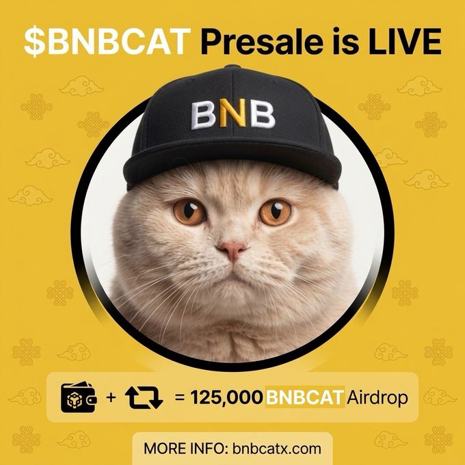 The image promotes the $BNBCAT token presale, featuring a fluffy orange cat wearing a black "BNB" cap against a yellow background, with text announcing "Presale is LIVE" and an airdrop offer of 125,000 BNBCAT tokens in exchange for BNB and a repost, directing viewers to bnbcattx.com for more info.
