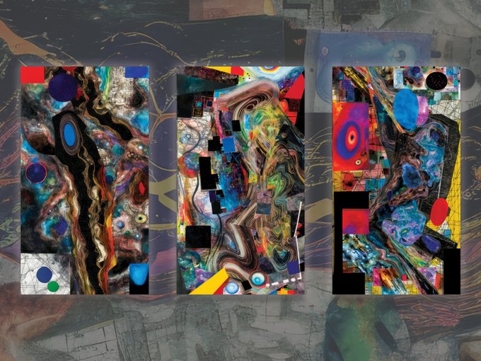 An abstract digital artwork featuring three colorful, chaotic panels with swirling patterns, geometric shapes, and vibrant colors against a dark background.