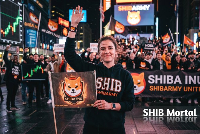 A young woman in a 'SHIB SHIBARMY' hoodie waves while holding a 'SHIBA INU' flag at what appears to be a cryptocurrency rally, with 'SHIB Mortality' text overlaid.