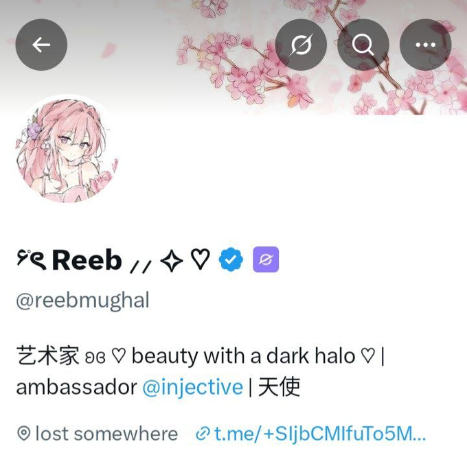 Twitter/X profile page for 'Reeb' (@reeebmughal) featuring an anime-style pink-haired avatar, with bio text reading 'beauty with a dark halo' and ambassador for @injective.