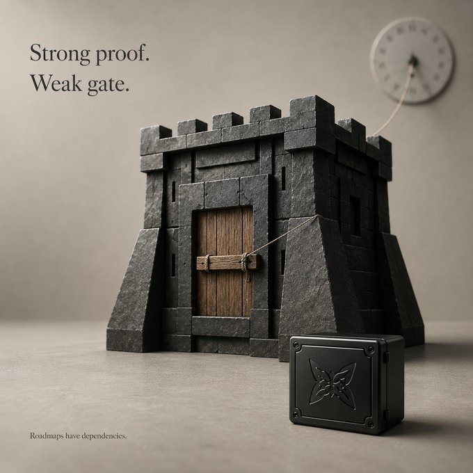 A conceptual image of a small stone castle with strong walls but a weak wooden door tied shut with string, and a small black box nearby, with the text 'Strong proof. Weak gate.' and 'Roadmaps have dependencies.'