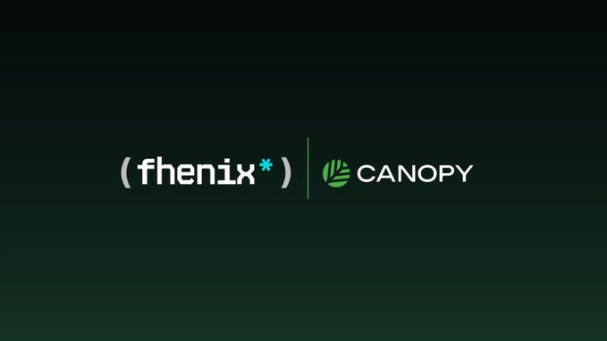 A dark screen displaying the white text '(fhenix*)' next to a green vertical line and a 'CANOPY' logo with a green leaf-like icon.