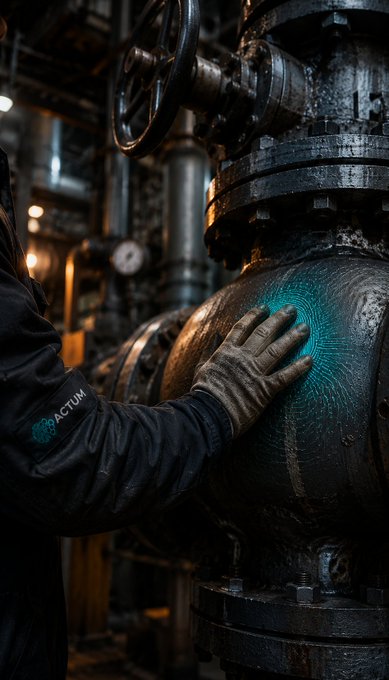 A gloved hand of an ACTUM worker touches an industrial valve, with a glowing cyan fingerprint-like pattern radiating from the contact point, symbolizing the act of human maintenance being cryptographically recorded as Proof of Human Action (POHA) rather than automated sensor data. The "ACTUM" branding is visible on the worker's jacket sleeve, tying the physical human touch in the industrial setting directly to the concept of verified human behavior over machine-generated data.