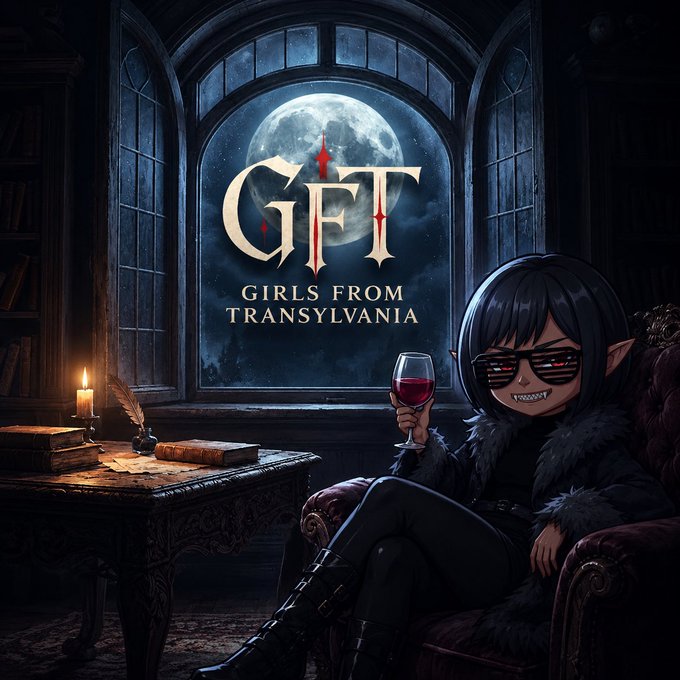 A gothic-style cover featuring an anime character with dark hair and red sunglasses holding a glass of red wine in a dark room; the window displays a full moon and the text 'GFT GIRLS FROM TRANSYLVANIA'.