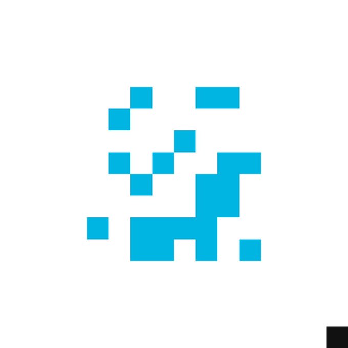 An abstract design made of scattered blue pixelated squares on a white background.