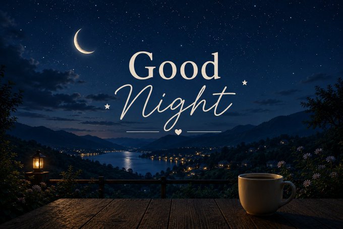 A serene 'Good Night' greeting image featuring a starry night sky with a crescent moon over a lit lakeside village, with a steaming coffee cup on a wooden railing in the foreground.