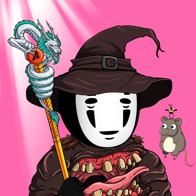 An anime-style illustration featuring a character wearing a brown witch hat and a white mask, holding a staff with a dragon, while a small cartoon mouse looks on against a pink background.
