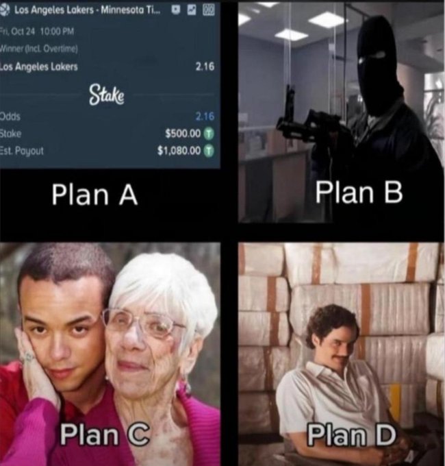 This image presents four "plans," with Plan A showing a betting slip for the Los Angeles Lakers with odds of 2.16, Stake of $500.00, and Estimated Payout of $1,080.00. The accompanying post, "Plan what are you now?", suggests the viewer should choose their preferred strategy from the depicted options: betting, robbing a bank, marrying an elderly wealthy person, or dealing drugs.