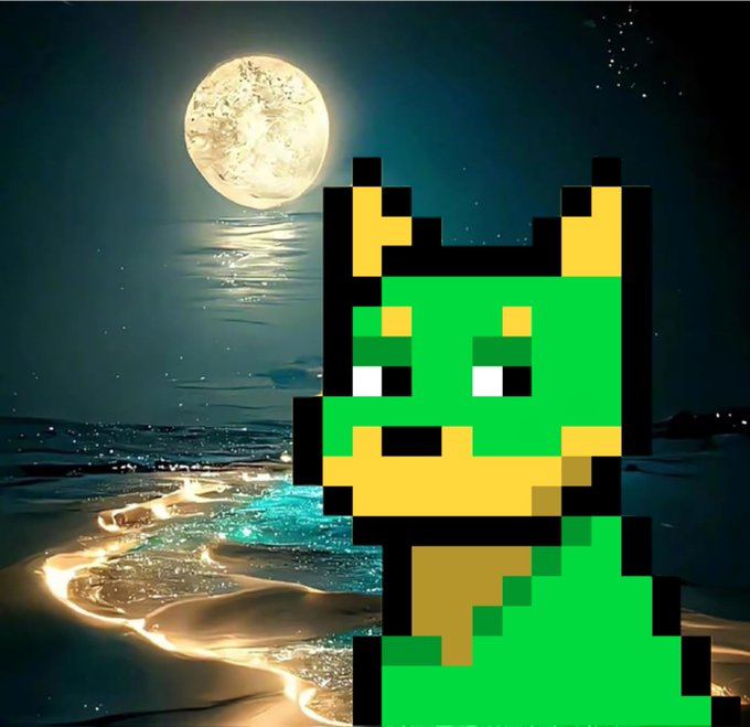 A pixel art character resembling a green and yellow frog-cat creature overlaid on a serene nighttime seascape with a full moon.