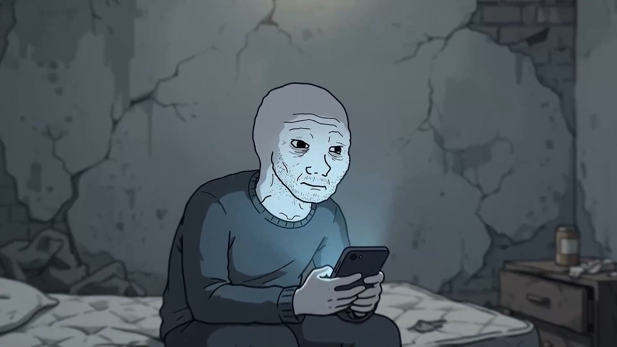 A melancholic digital illustration of a bald, sad-looking man in a blue sweater sitting on a bed in a dilapidated room, scrolling on a smartphone.