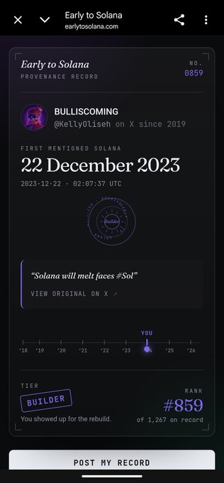 The image shows a phone screen displaying information about a social media platform called Twitter. It features a list of users' names along with their respective followers, as well as some other data such as the number of followers each user has and the date when they joined the platform. The text on the screen reads "Early to Solana" and "Builders will always be welcome!".
