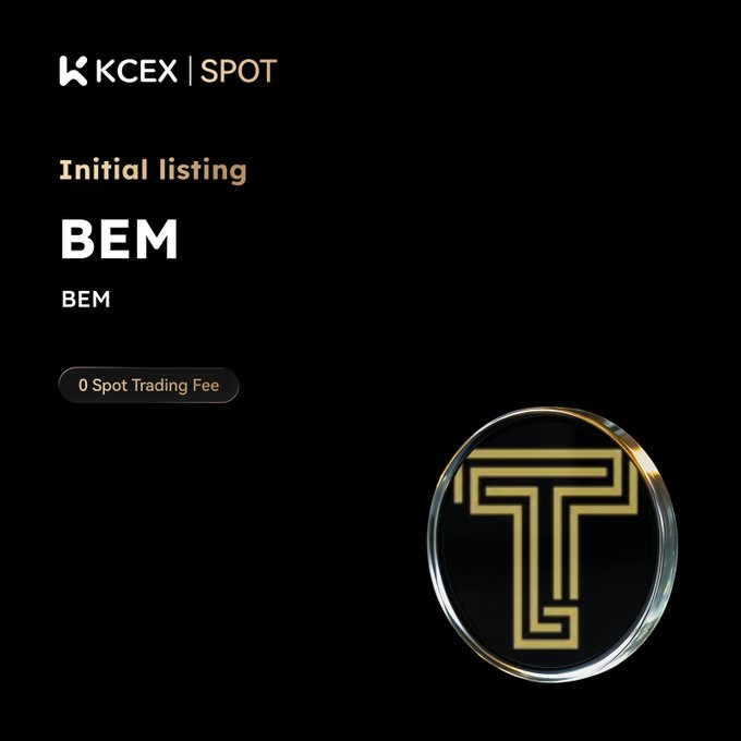 Black promotional graphic for KCEX SPOT announcing the initial listing of BEM token with '0 Spot Trading Fee' and a stylized gold 'T' logo.