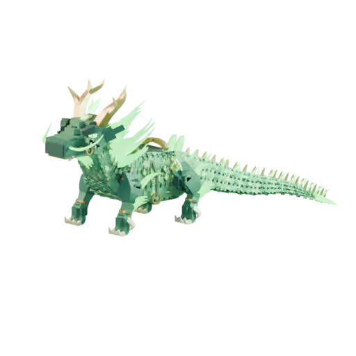 A green voxel-style 3D dragon model with golden horns and spikes along its back, resembling a Minecraft-style asset.