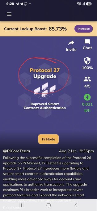 The image shows a Pi Network app screenshot highlighting "Protocol 27 Upgrade" with "Improved Smart Contract Authentication," displaying a current lockup boost of 65.73% alongside performance metrics (100% uptime, 4/5 nodes, 0.021 π/h mining rate). A circled annotation emphasizes the Protocol 27 announcement from @PiCoreTeam dated Aug 21st at 8:36pm, which aligns with the post detailing Testnet's ongoing upgrade and Mainnet's planned September 15, 2026 rollout for enhanced smart contract capabilities.