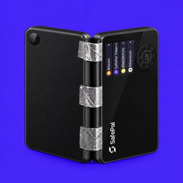 A black SafePal Duo hardware cryptocurrency wallet is displayed open, showing its touchscreen interface listing Bitcoin, SafePal Token, and Ethereum, with the SafePal logo on the left side. The device is presented against a purple background, corresponding to the advertised promotional offer of 5% off and free shipping.
