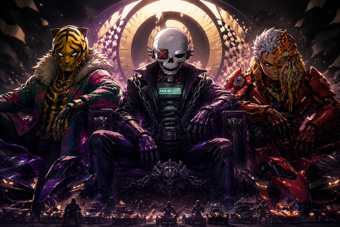 A trio of imposing anime and cyberpunk-styled characters—a tiger-masked figure, a cyborg with red-lensed visor, and a mechanical warrior—sit enthroned on skulls and motorcycles beneath a glowing circular emblem. The dark, gritty artwork visually reinforces the post's tribute to three community influencers (@BiaLos, @koki9560, and @crypto_czar_eth) of the @Racerz_eth NFT project, embodying their roles as leaders who brought conviction, momentum, and hope to the community.