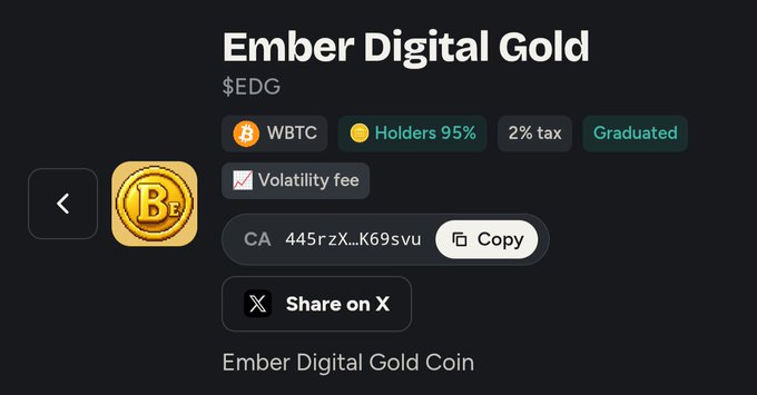 A crypto token page for 'Ember Digital Gold' ($EDG) showing a 95% holders rate, 2% tax, graduated status, and a copyable contract address.