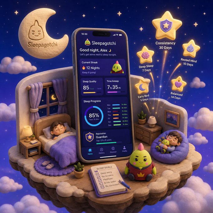 A colorful illustrated advertisement for the 'Sleepagotchi' sleep tracking app featuring a phone interface, a character, and various sleep achievement badges like 'Consistency' and 'Deep Sleep'.