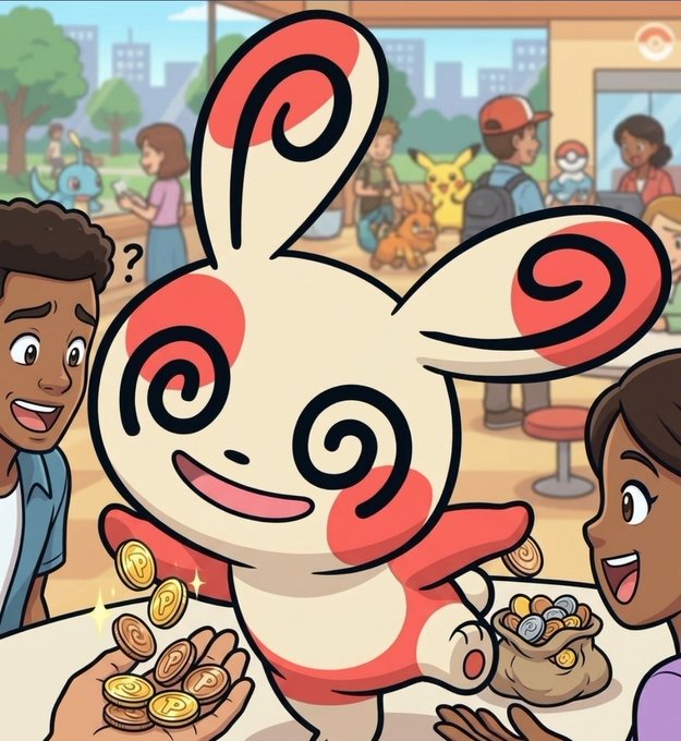 An illustration of a Spinda Pokémon surrounded by coins, with surprised people and other Pokémon characters in the background.
