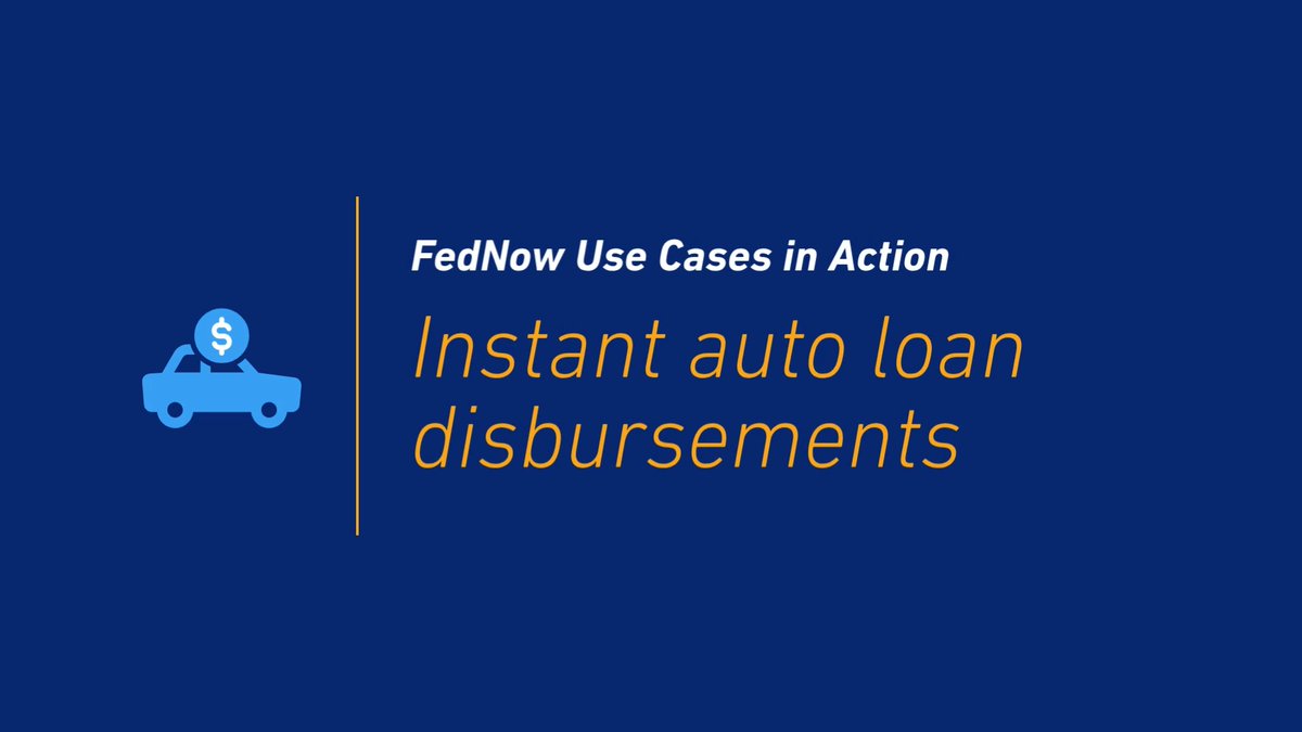 A blue graphic featuring a car icon with a dollar sign reads "FedNow Use Cases in Action: Instant auto loan disbursements." The image illustrates the Federal Reserve's FedNow service enabling real-time auto loan payments, aligning with the post's claims about digital assets facilitating instant lending and home/car loan disbursements.