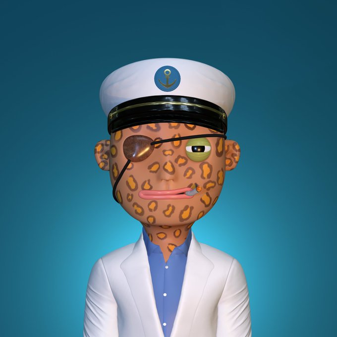 A 3D-rendered cartoon character with leopard-print skin, an eye patch, a captain's hat with an anchor emblem, a lit cigarette, and a white suit jacket over a blue shirt.