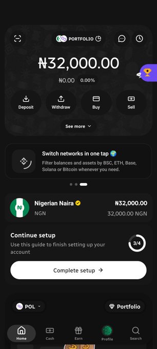 A mobile app screenshot shows a crypto portfolio interface displaying a balance of '₦32,000.00' in Nigerian Naira, along with navigation tabs like Home, Cash, and Earn.