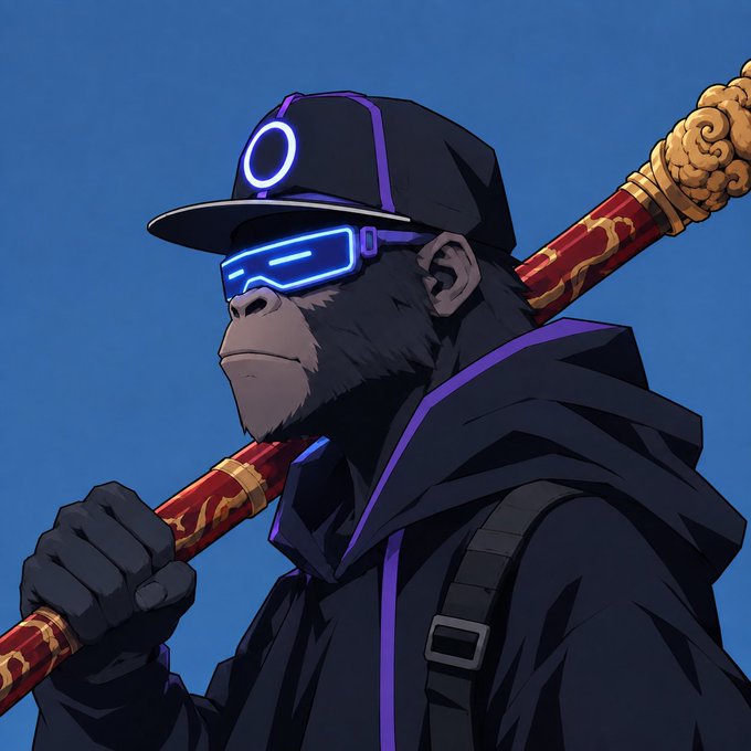An anime-style illustration of a gorilla wearing a black cap with a glowing white logo, futuristic glowing blue glasses, and a black hooded jacket, holding a red and gold staff over its shoulder.