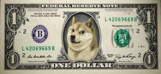 A modified U.S. one-dollar bill (Series 2017, serial L42069669B, Federal Reserve Bank B) features the iconic Doge/Shiba Inu meme face replacing George Washington's portrait, humorously illustrating the "$DOGE is going to $1.00" prediction by pairing the meme coin's image with the physical dollar bill.