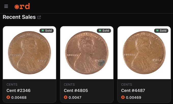 The image shows an ORD “Recent Sales” page featuring three sold CENTS tokens, listed as Cent #2346, Cent #4805, and Cent #4487, with prices around 0.00468, 0.0047, and 0.00469 respectively—supporting the post “CENTS swept on ORD.”