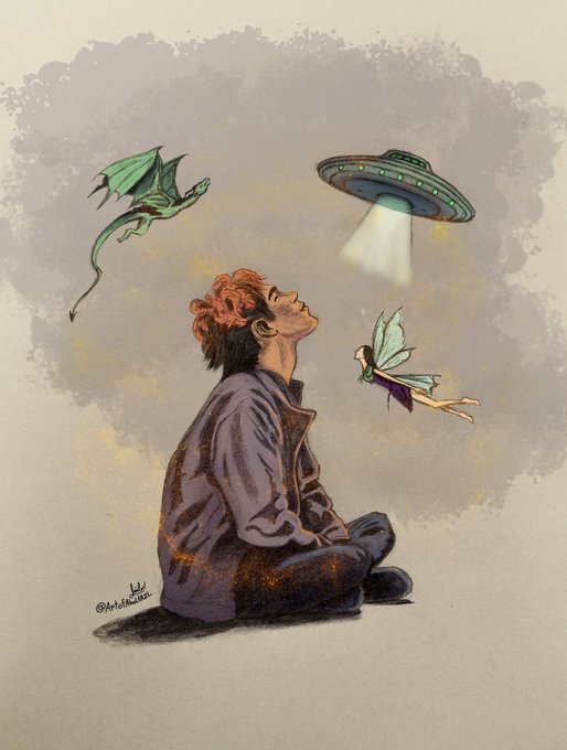A hand-drawn illustration depicts a red-haired boy gazing upward at a UFO and two flying creatures, capturing a sense of wonder. The artwork's whimsical, imaginative style aligns with the accompanying post promoting it as part of a hand-drawn NFT collection available on Transient Labs at transient.xyz/nfts/ethereum.