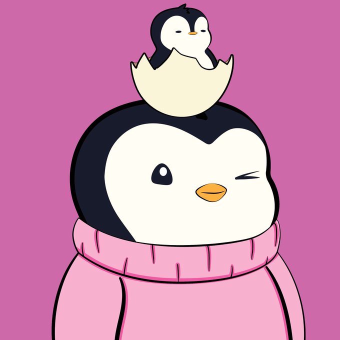 A whimsical cartoon shows a small penguin hatching from an egg on top of a winking penguin's head, who is wearing a pink sweater against a magenta background.