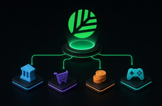 A glowing green leaf logo hovers above a neon-lit podium that branches into four pathways, each leading to a distinct 3D icon: a bank (financial institutions), shopping cart (commerce), stacked coins (payments), and game controller (gaming). The visualization captures the post's idea of blockchain specialization, showing how a unified network like @CNPYNetwork can route different application types—RWA platforms needing permissioning, consumer apps, payment systems, and gaming—toward their own tailored rule sets rather than forcing them into a one-size-fits-all chain.
