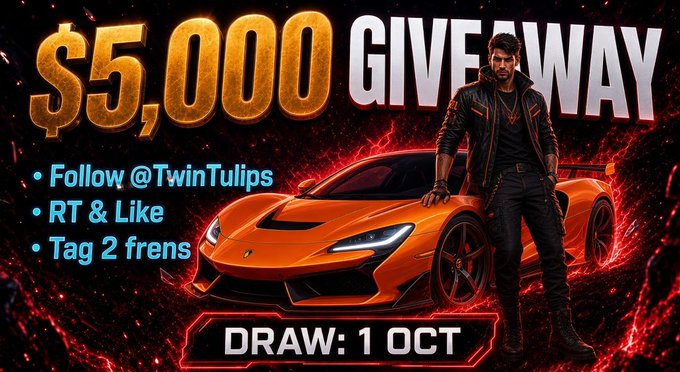 A promotional graphic advertises a "$5,000 GIVEAWAY" with entries requiring users to follow @TwinTulips, retweet, like, and tag 2 friends, with the draw date listed as "1 OCT." The image features a man in a leather jacket posing next to an orange sports car against a fiery background, reinforcing the post's call to "Drop your wallets" for a 500 $SOL giveaway.