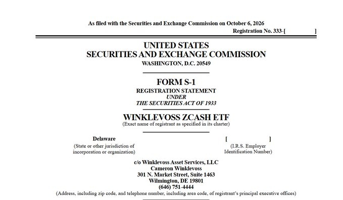 This image shows the cover page of a Form S-1 Registration Statement filed with the SEC on October 6, 2026 (Registration No. 333-), for the **Winklevoss ZCash ETF** under the ticker **WINK**, a Delaware entity to be managed by Winklevoss Asset Services, LLC. The filing corresponds to the post's announcement of the Winklevoss twins' spot Zcash ($ZEC) ETF proposal to be custodied by Gemini with a 0.25% management fee.