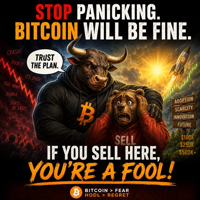 The image features two cartoon bulls with horns standing next to each other against a dark background. The bulls are wearing hoods and appear to be in distress or panic. Below them, there's text that reads "Stop panicking. Bitcoin will be fine." This message is accompanied by an illustration of the bulls' faces, which adds humor to the serious topic.