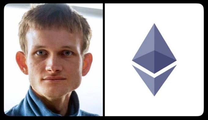 A side-by-side image showing a young man with short brown hair in a blue shirt next to the Ethereum (ETH) logo on a white background.
