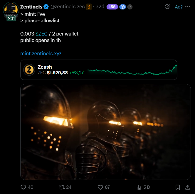 A screenshot of a tweet from Zentinels (@zentinels_zec) announcing an NFT mint: '0.003 $ZEC / 2 per wallet, public opens in 1h, mint.zentinels.xyz', with a Zcash price chart showing ZEC at $1,520.88 (+963.27) and an image of armored knights with glowing orange visors.