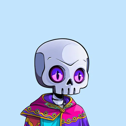 Illustration of a cartoon skeleton character with glowing purple eyes wearing a colorful, ornate robe with gold trim, set against a light blue background.