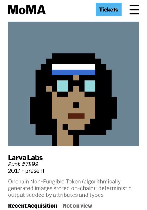 The image shows a MoMA (Museum of Modern Art) page featuring Larva Labs' "Punk #7899," a 2017-present Onchain Non-Fungible Token displaying a pixelated portrait of a figure with dark hair, blue and white headband, and cyan sunglasses against a gray-blue background. The listing notes it as a "Recent Acquisition" that is "Not on view," consistent with the post's reference to CryptoPunk 7899 being a gift from The Medici Collection.