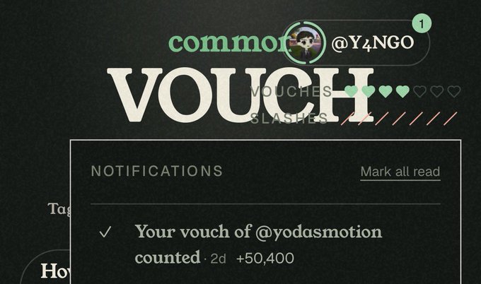 A 'VOUCH' screen showing user @Y4NGO vouching for @yodasmotion, with a notification that 'Your vouch of @yodasmotion counted' for +50,400 points, and 3 out of 5 hearts filled.