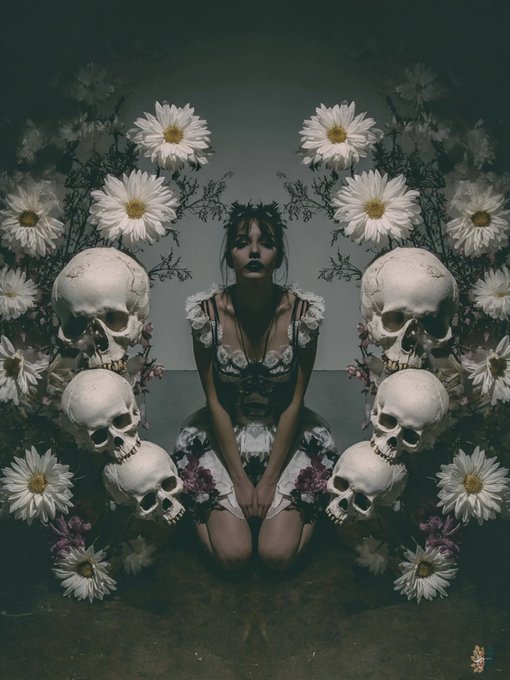 A symmetrical, mirrored photograph shows a woman sitting in a dark room wearing a floral dress and a crown, flanked by multiple human skulls and surrounded by white daisies.